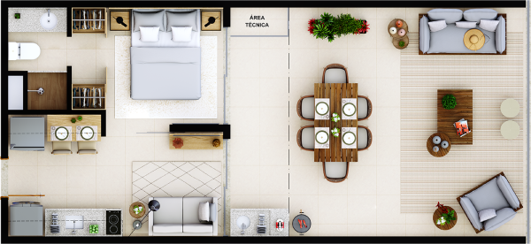 Quarto e sala com terraço gourmet - tipo C