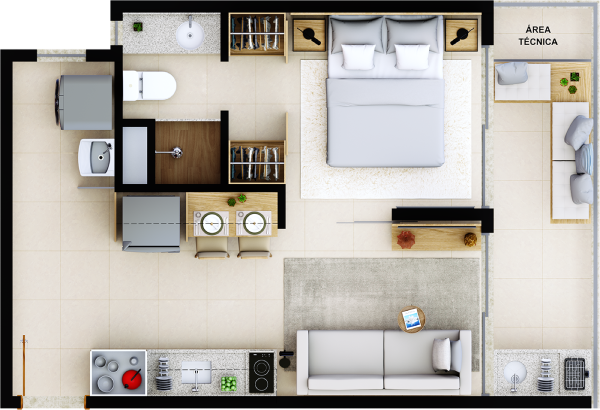 Quarto e sala com varanda e área de serviço - tipo B