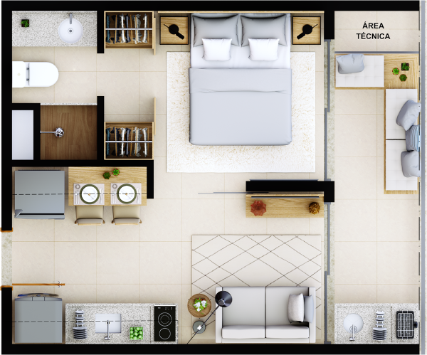 Quarto e sala com varanda - tipo A